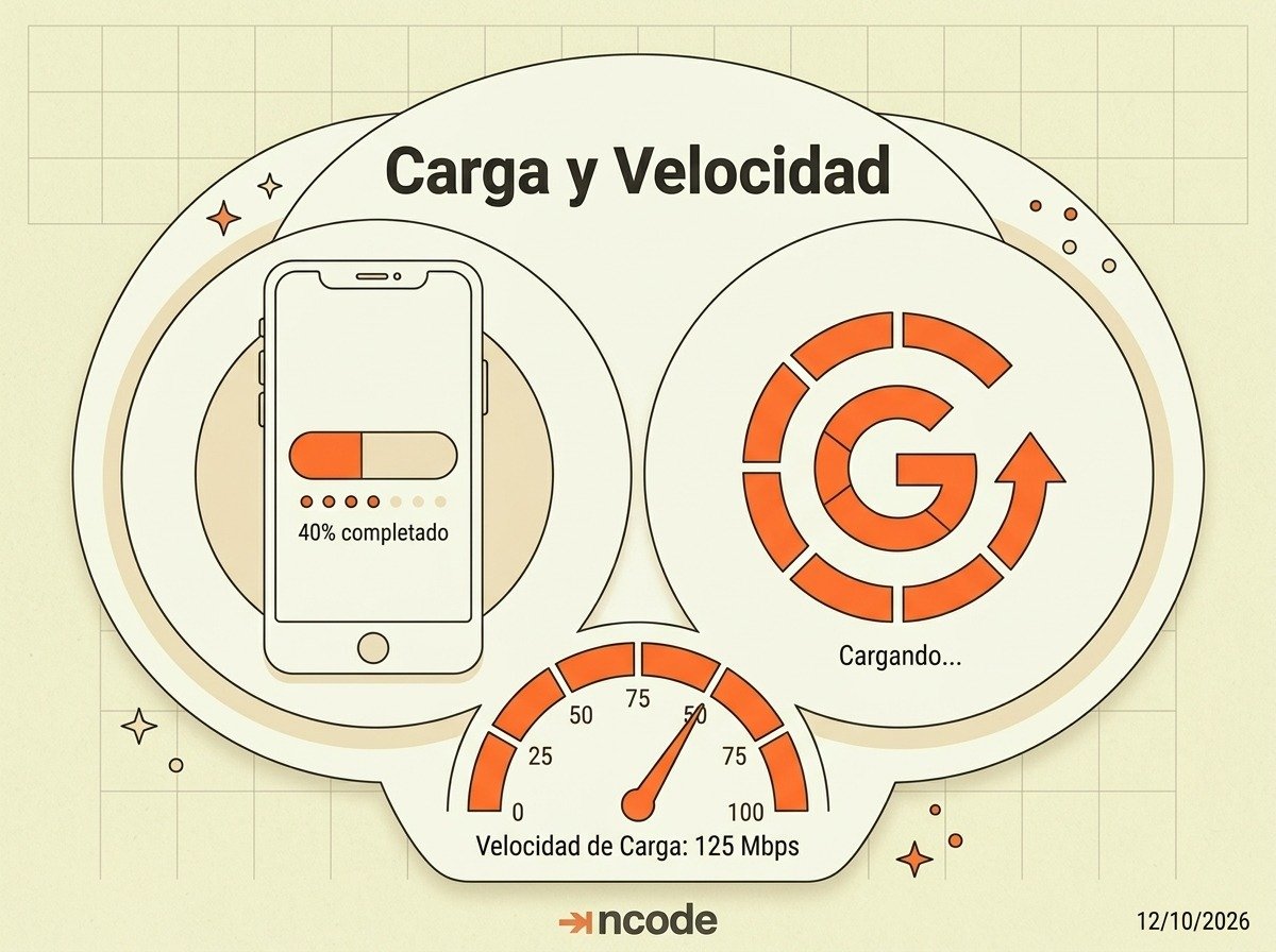 Ilustración de una página web cargando lentamente en un navegador junto a un indicador de velocidad